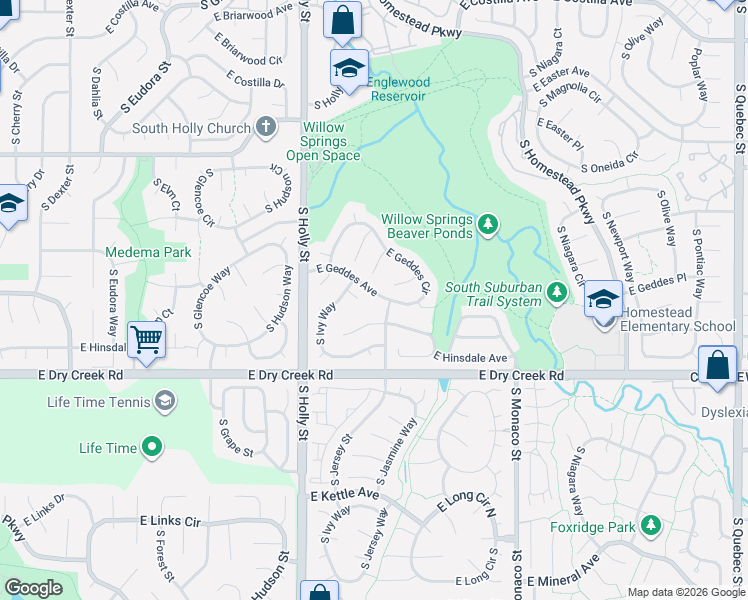 map of restaurants, bars, coffee shops, grocery stores, and more near 5896 East Geddes Avenue in Centennial