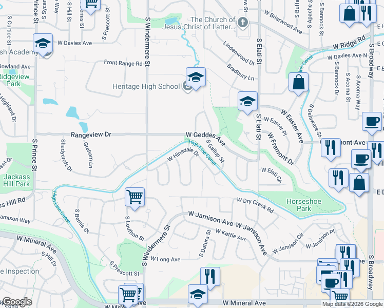 map of restaurants, bars, coffee shops, grocery stores, and more near 1278 West Hinsdale Drive in Littleton