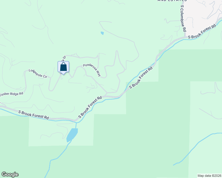 map of restaurants, bars, coffee shops, grocery stores, and more near 31614 Ponderosa Way in Evergreen