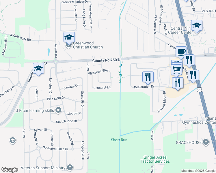 map of restaurants, bars, coffee shops, grocery stores, and more near 320 Sunburst Lane in Greenwood