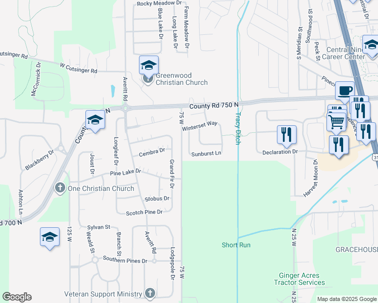 map of restaurants, bars, coffee shops, grocery stores, and more near 2333 Blossom Drive in Greenwood