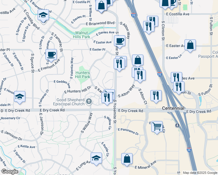 map of restaurants, bars, coffee shops, grocery stores, and more near 7307 South Xenia Circle in Centennial