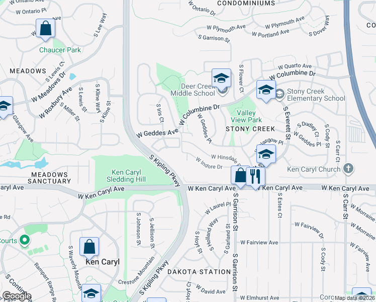 map of restaurants, bars, coffee shops, grocery stores, and more near 9544 West Hinsdale Place in Littleton