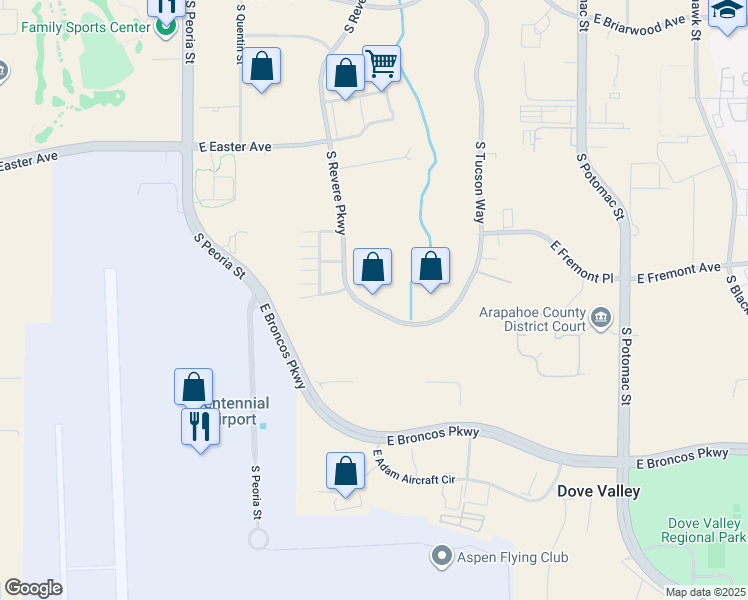 map of restaurants, bars, coffee shops, grocery stores, and more near 7388 South Revere Parkway in Centennial