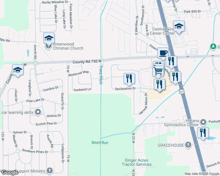 map of restaurants, bars, coffee shops, grocery stores, and more near 2250 Summer Breeze Way in Greenwood