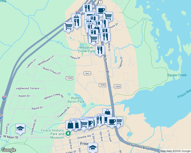 map of restaurants, bars, coffee shops, grocery stores, and more near 113 County Road 1041 in Frisco