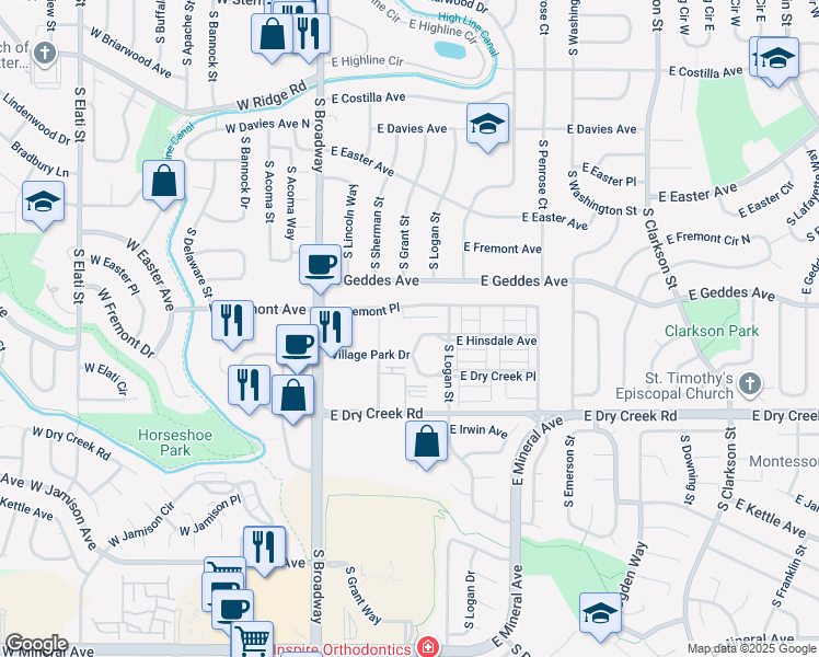 map of restaurants, bars, coffee shops, grocery stores, and more near 480 East Fremont Place in Littleton