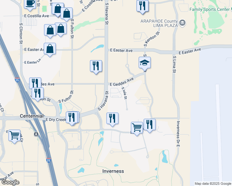 map of restaurants, bars, coffee shops, grocery stores, and more near 7326 South Havana Street in Centennial