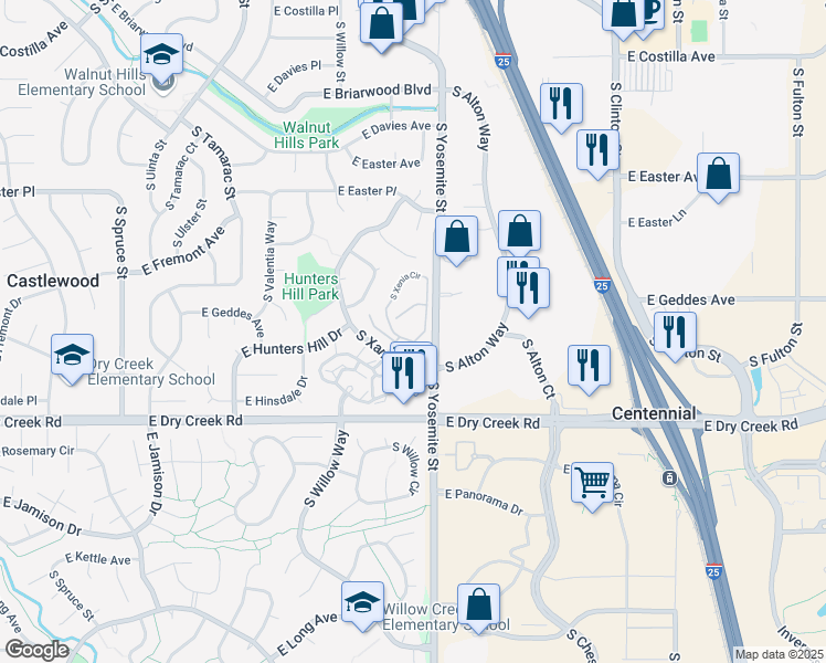 map of restaurants, bars, coffee shops, grocery stores, and more near 7307 South Xenia Circle in Centennial