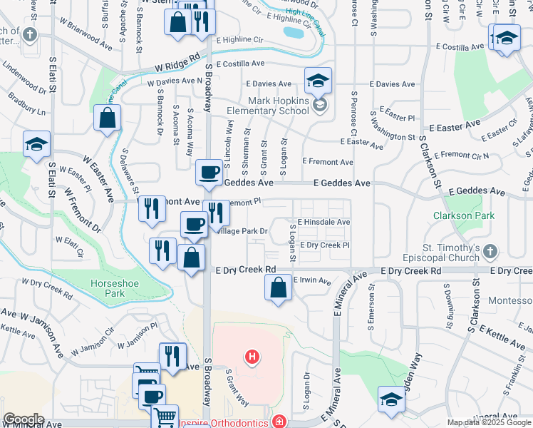 map of restaurants, bars, coffee shops, grocery stores, and more near 480 East Fremont Place in Littleton