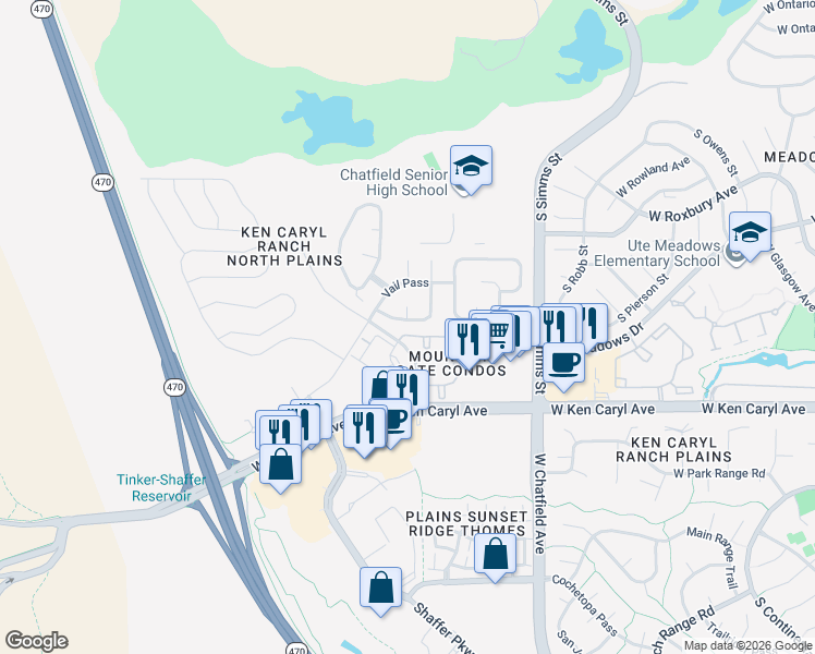 map of restaurants, bars, coffee shops, grocery stores, and more near 7345 South Sheephorn Mountain in Littleton