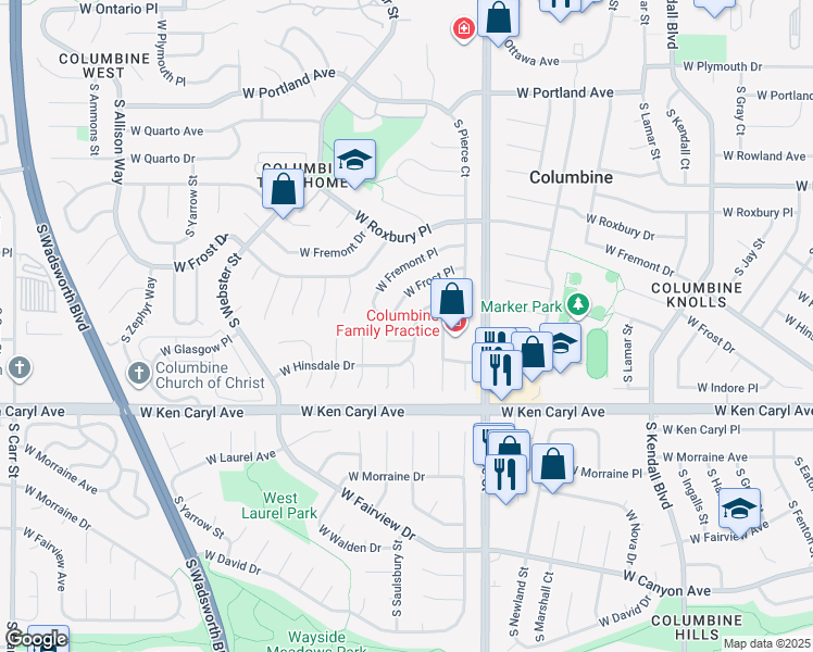 map of restaurants, bars, coffee shops, grocery stores, and more near 7128 West Frost Place in Littleton