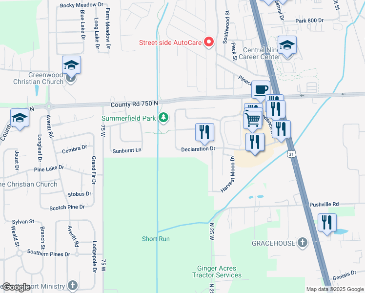 map of restaurants, bars, coffee shops, grocery stores, and more near 158 Declaration Drive in Greenwood
