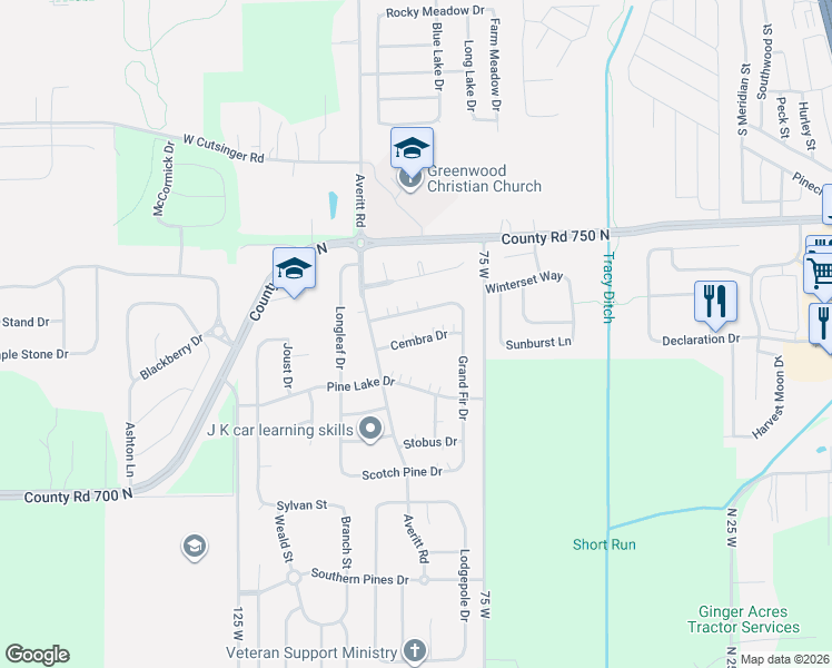 map of restaurants, bars, coffee shops, grocery stores, and more near 604 Cembra Drive in Greenwood