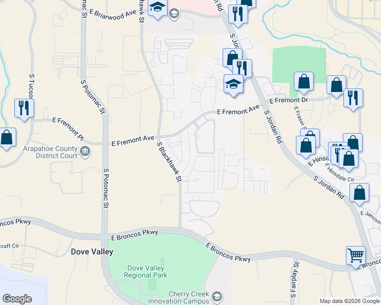 map of restaurants, bars, coffee shops, grocery stores, and more near Windmill Creek Trail in Centennial