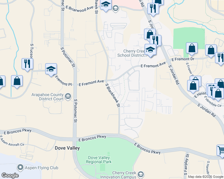 map of restaurants, bars, coffee shops, grocery stores, and more near 7222 South Blackhawk Street in Englewood