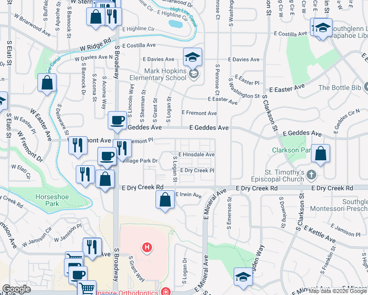 map of restaurants, bars, coffee shops, grocery stores, and more near 546 East Fremont Place in Centennial