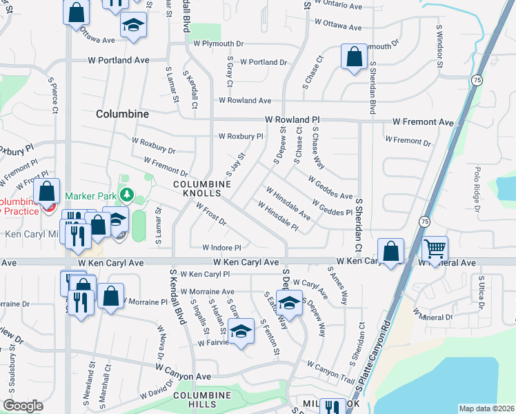 map of restaurants, bars, coffee shops, grocery stores, and more near 7378 South Depew Street in Littleton