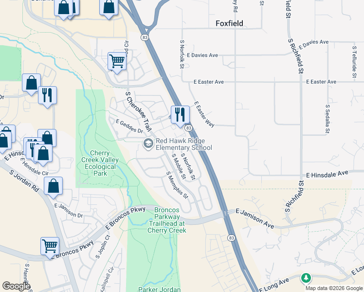 map of restaurants, bars, coffee shops, grocery stores, and more near 7300 South Nucla Street in Aurora