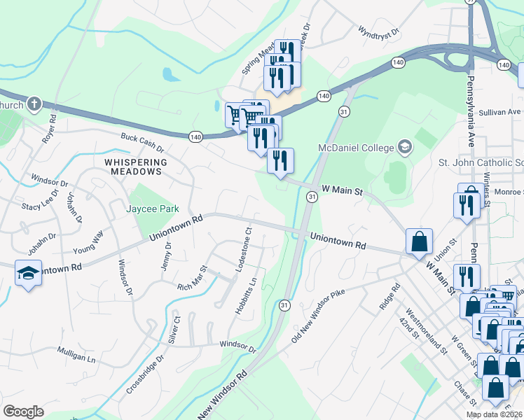 map of restaurants, bars, coffee shops, grocery stores, and more near 325 Bradford Drive in Westminster