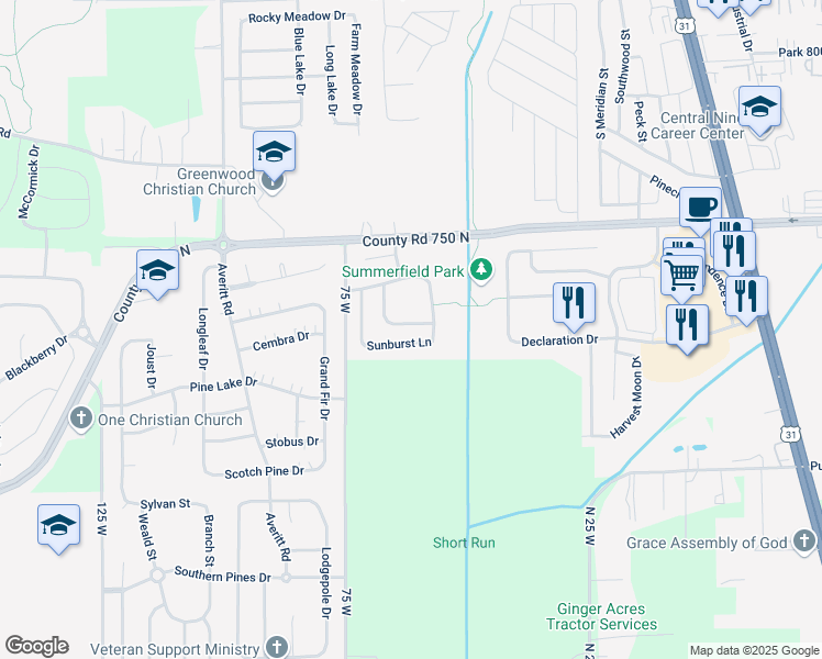 map of restaurants, bars, coffee shops, grocery stores, and more near 305 Sunbeam Ln in Greenwood