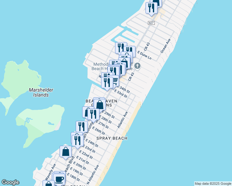 map of restaurants, bars, coffee shops, grocery stores, and more near 19 East 33rd Street in Long Beach