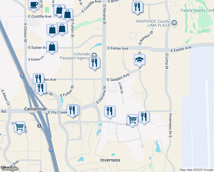 map of restaurants, bars, coffee shops, grocery stores, and more near 7308 South Havana Street in Centennial