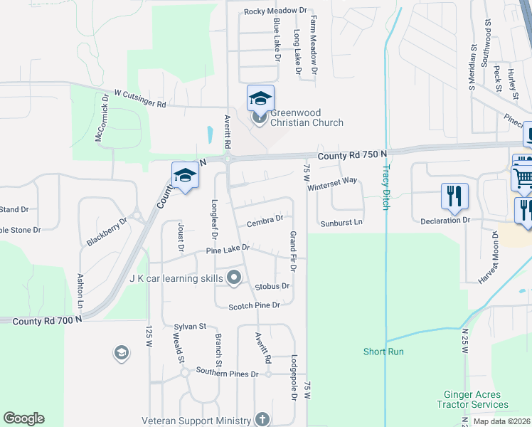 map of restaurants, bars, coffee shops, grocery stores, and more near 604 Cembra Drive in Greenwood