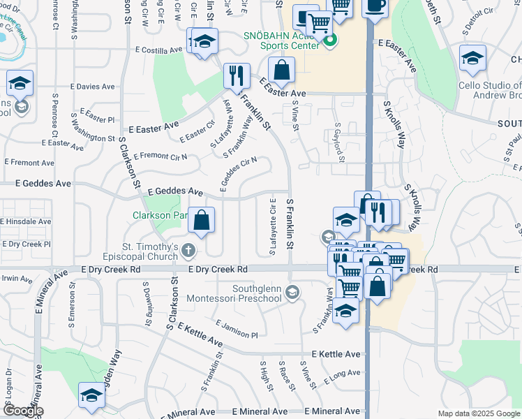 map of restaurants, bars, coffee shops, grocery stores, and more near 7338 South Lafayette Circle West in Centennial