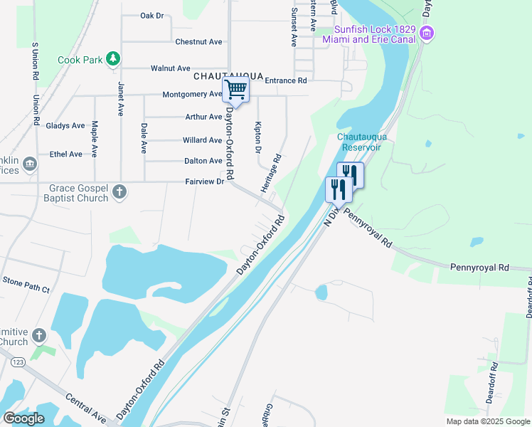 map of restaurants, bars, coffee shops, grocery stores, and more near 8907 Dayton-Oxford Road in Franklin
