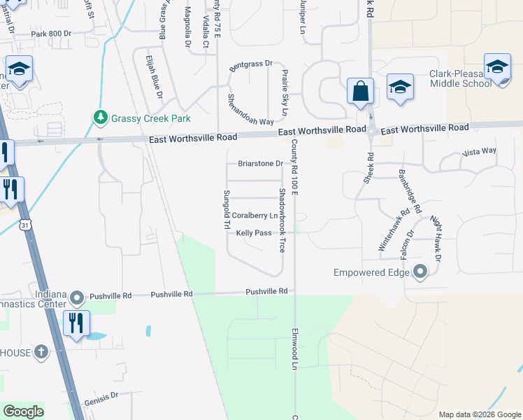 map of restaurants, bars, coffee shops, grocery stores, and more near 856 Coralberry Lane in Greenwood