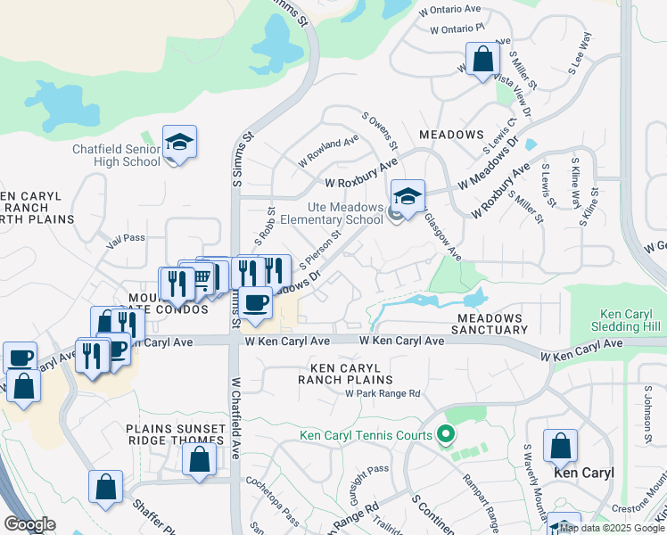 map of restaurants, bars, coffee shops, grocery stores, and more near 7412 South Quail Circle in Littleton