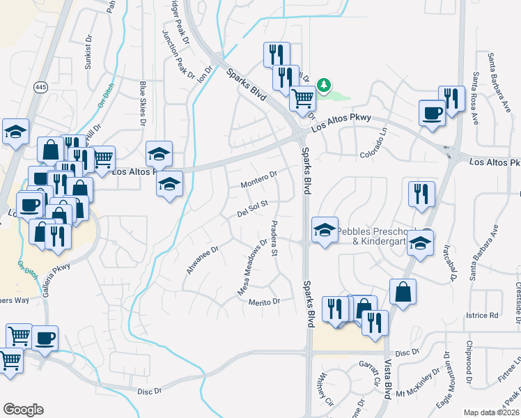 map of restaurants, bars, coffee shops, grocery stores, and more near 915 Del Sol Street in Sparks