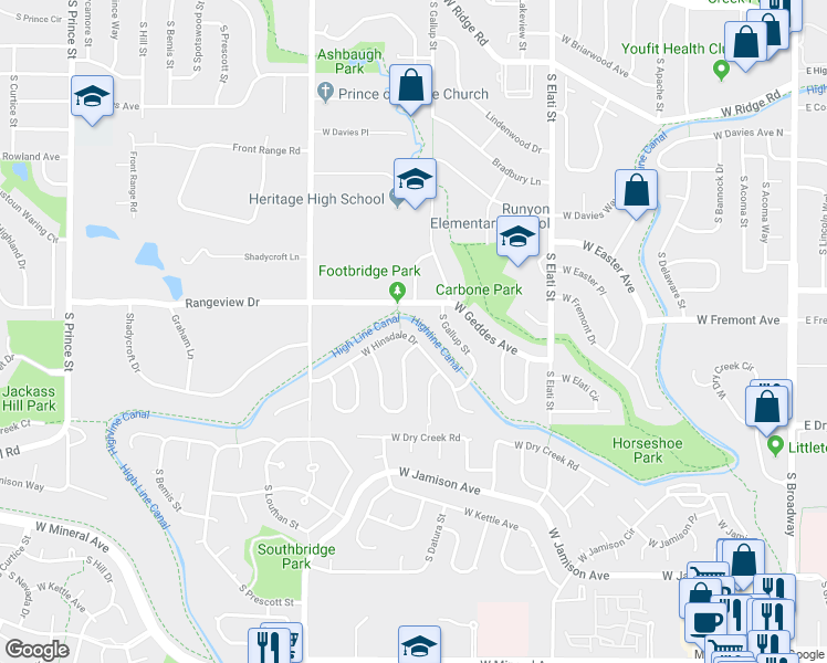 map of restaurants, bars, coffee shops, grocery stores, and more near 1275 West Hinsdale Drive in Littleton