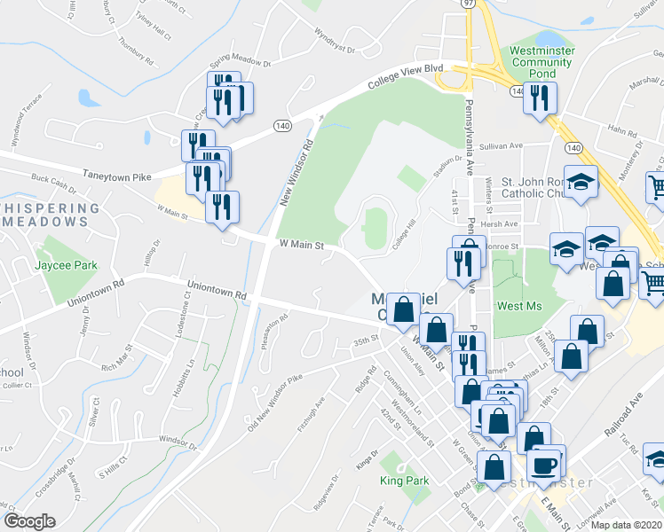 map of restaurants, bars, coffee shops, grocery stores, and more near 257 West Main Street in Westminster