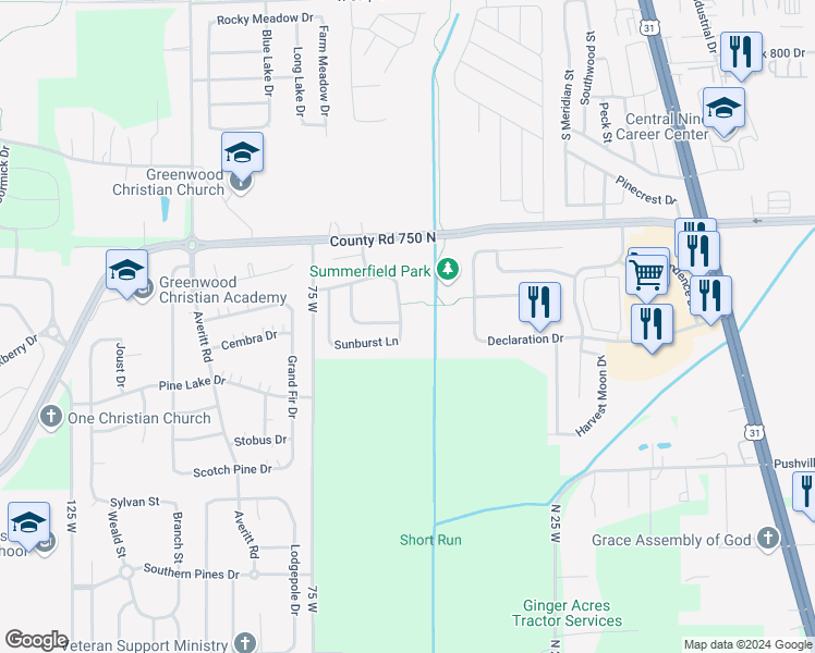 map of restaurants, bars, coffee shops, grocery stores, and more near 2343 Springtime Road in Greenwood