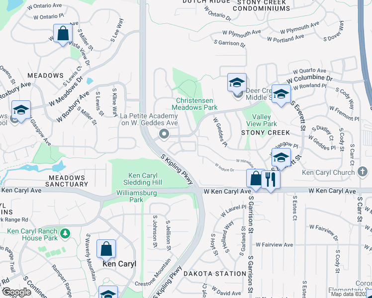 map of restaurants, bars, coffee shops, grocery stores, and more near 9741 West Indore Drive in Littleton