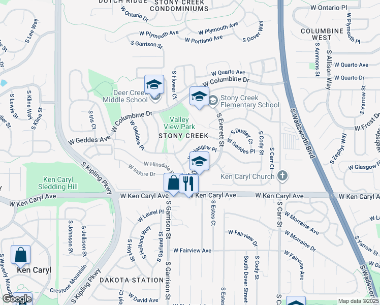 map of restaurants, bars, coffee shops, grocery stores, and more near 9007 West Glasgow Place in Littleton