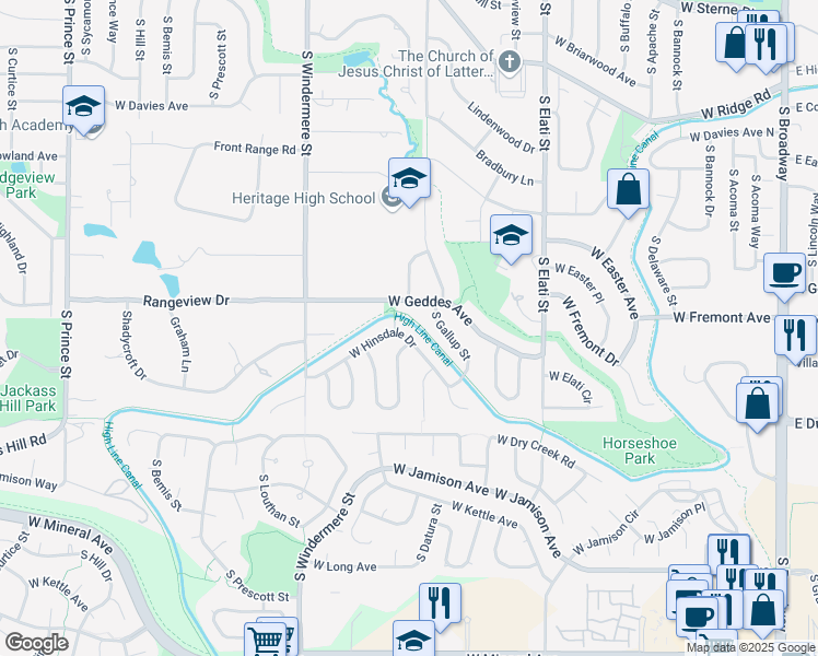 map of restaurants, bars, coffee shops, grocery stores, and more near 1275 West Hinsdale Drive in Littleton