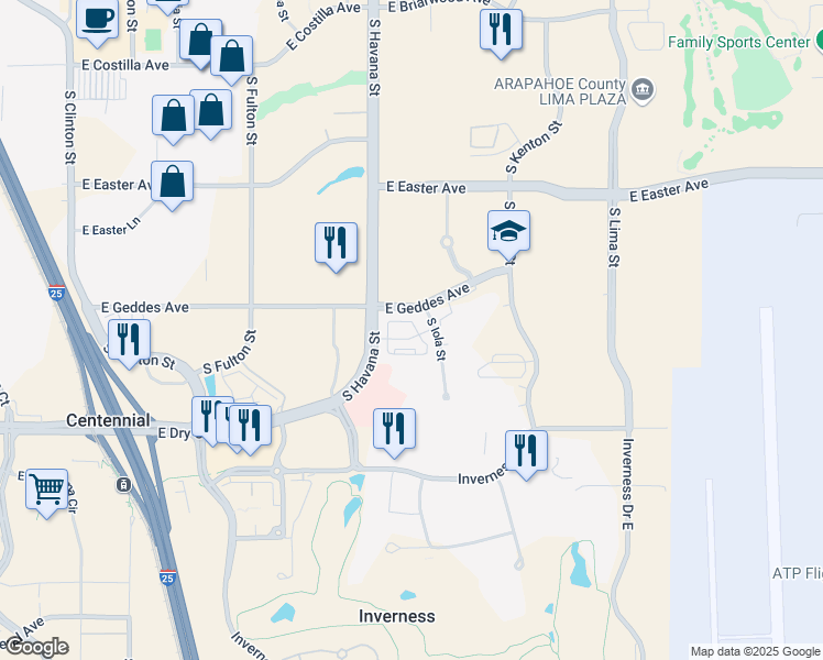 map of restaurants, bars, coffee shops, grocery stores, and more near 7326 South Havana Street in Centennial