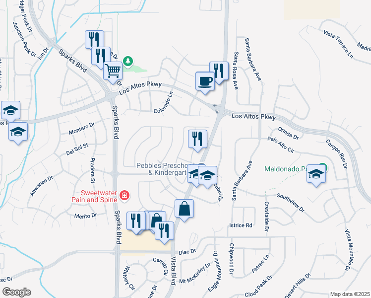 map of restaurants, bars, coffee shops, grocery stores, and more near 5030 Dubonnet in Sparks