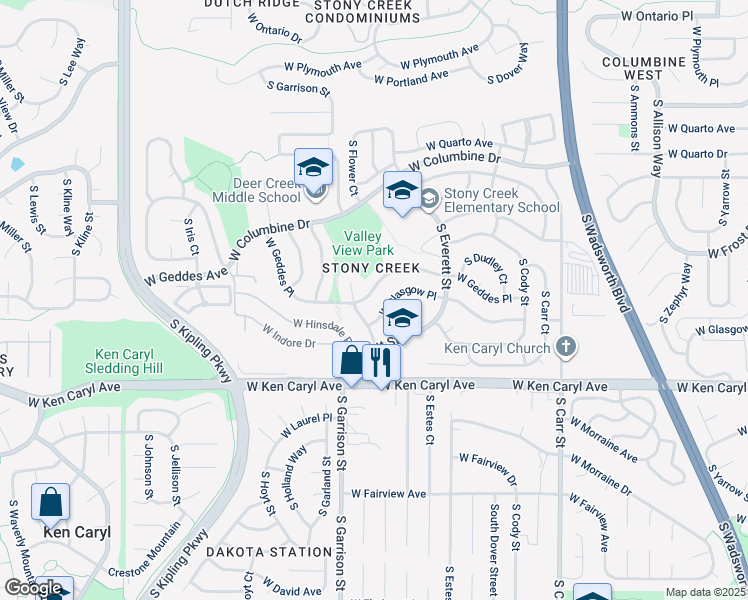 map of restaurants, bars, coffee shops, grocery stores, and more near 9007 West Glasgow Place in Littleton