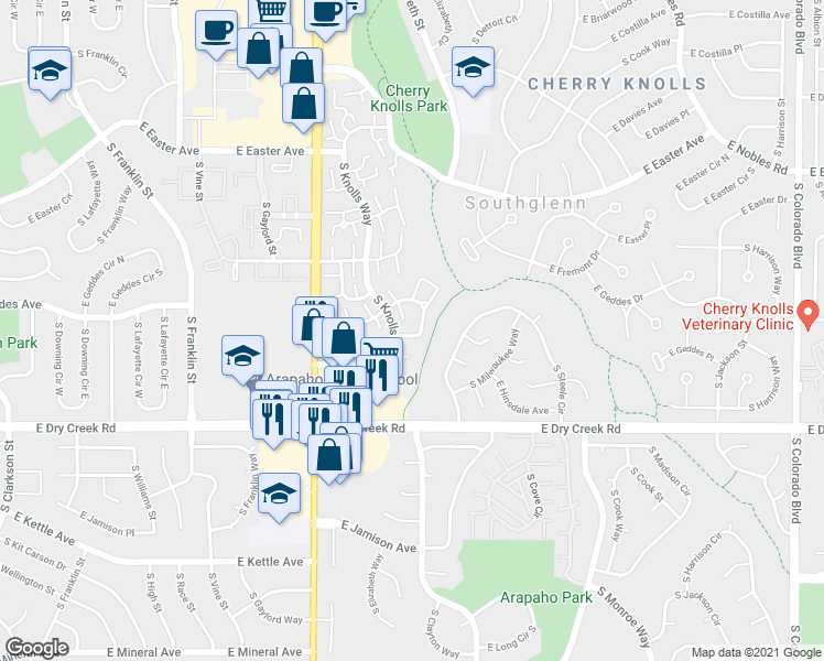 map of restaurants, bars, coffee shops, grocery stores, and more near 7340 South Knolls Way in Centennial