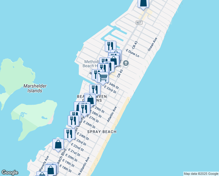 map of restaurants, bars, coffee shops, grocery stores, and more near 19 East 33rd Street in Long Beach