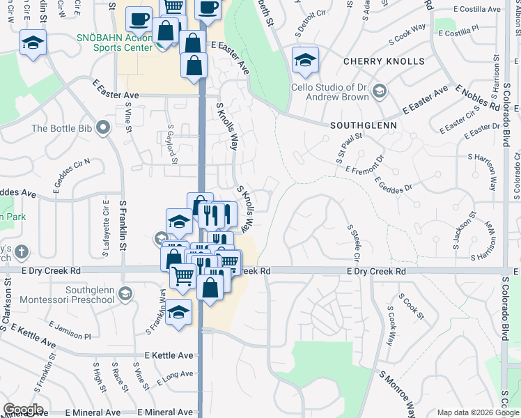 map of restaurants, bars, coffee shops, grocery stores, and more near 7340 South Knolls Way in Centennial