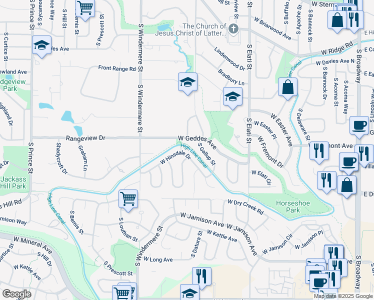 map of restaurants, bars, coffee shops, grocery stores, and more near 1275 West Hinsdale Drive in Littleton