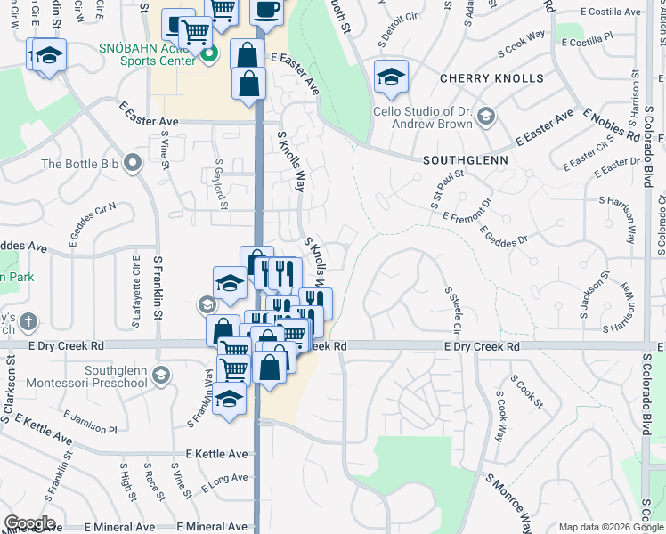 map of restaurants, bars, coffee shops, grocery stores, and more near 7340 South Knolls Way in Centennial