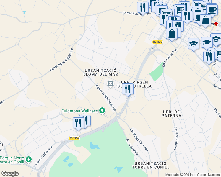 map of restaurants, bars, coffee shops, grocery stores, and more near 13 Carrer la Costera in Bétera
