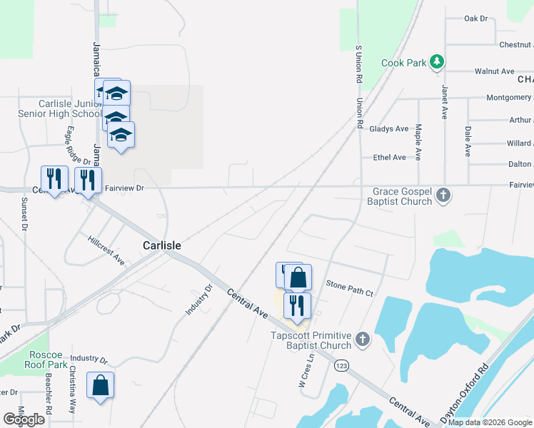 map of restaurants, bars, coffee shops, grocery stores, and more near 383 Robert Simmons Drive in Carlisle