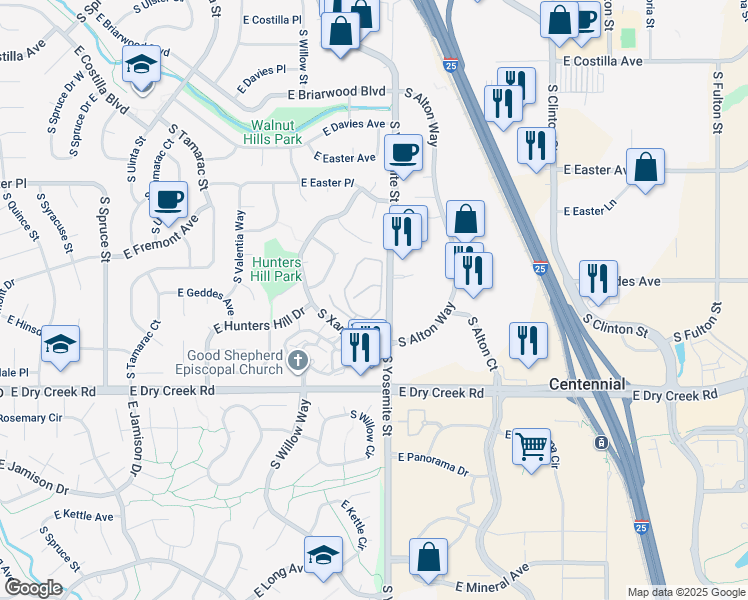 map of restaurants, bars, coffee shops, grocery stores, and more near 7307 South Xenia Circle in Centennial